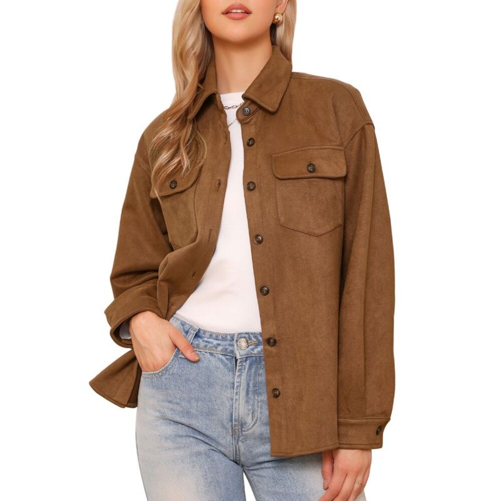 Women Casual Faux Suede Button Down Collar Long Sleeve Jacket Brown